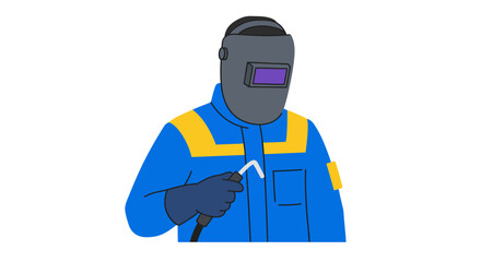 Cartoon welder in blue uniform and welding mask holding a welding torch