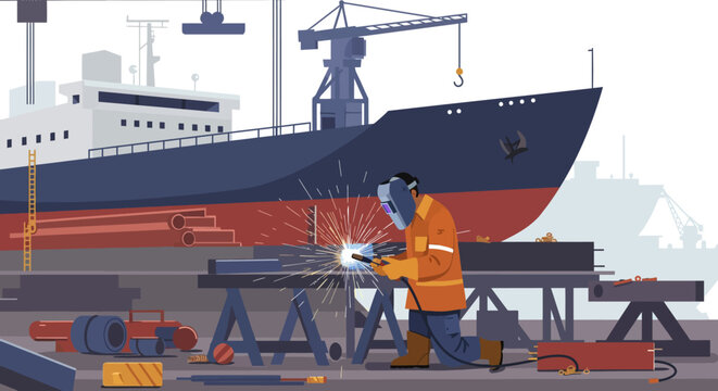 Welder at a shipyard sparks fly as they work on metal ship in background