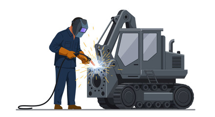 Welder in mask repairs heavy equipment with sparks