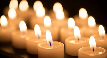 Multiple small white tea light candles glowing with warm, flickering flames against a dark background, creating a serene and peaceful atmosphere for celebration, remembrance, spirituality, or cozy rel