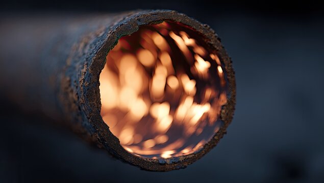 Close-up of rusted pipe interior with bright, blurred lights glowing within