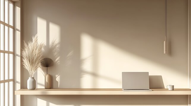 Minimalist Home Office Desk Setup with Laptop, Pampas Grass, and Sunlight