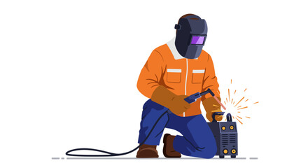 Welder kneels using torch on black machine Sparks fly from contact point