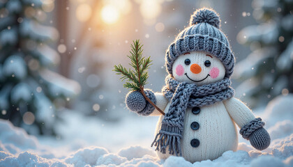 Cute knitted snowman toy with a happy smile, representing the Christmas holiday, against a snowy forest sunset background with copy space