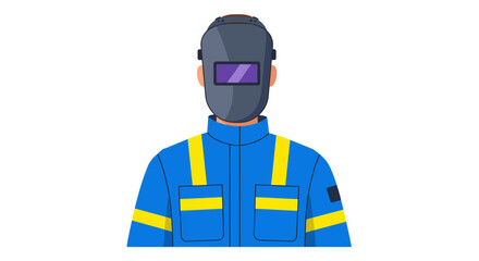 Welder wearing a protective helmet and blue uniform with yellow stripes