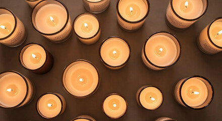 Overhead view of a beautiful arrangement of numerous glowing lit candles in clear glass jars, casting a warm, soft light and creating a cozy, tranquil, and peaceful atmosphere on a dark background, pe