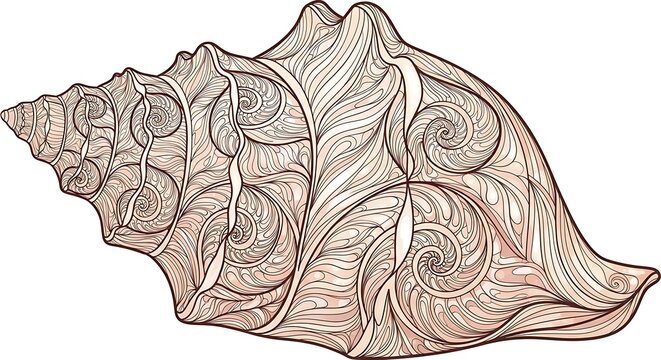 Intricate Line Art of a Seashell with Swirling Patterns.