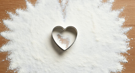 Overhead view of a metallic heart-shaped cookie cutter placed on a scattered layer of fresh white flour over a warm wooden countertop, perfect for baking sweet homemade treats, romantic cooking, or Va
