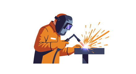 Welder with protective gear welds metal sparks flying in white background