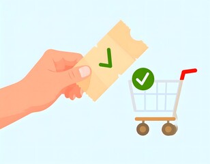 Hand holding a validated ticket with a green checkmark next to a shopping cart, indicating successful purchase.