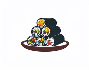 Stack of six colorful vegetable sushi rolls arranged on a brown plate, isolated on a white background.