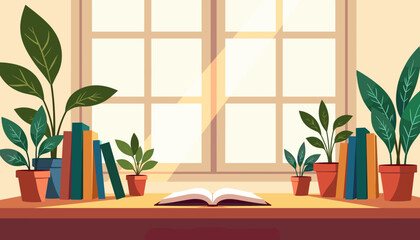 Cozy reading nook with open book and potted plants by window, flat vector  