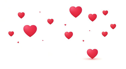 Scattered bright red 3D hearts floating and falling against a clean white background, symbolizing love, romance, passion, and celebration for Valentine's Day, weddings, or emotional concepts and marke