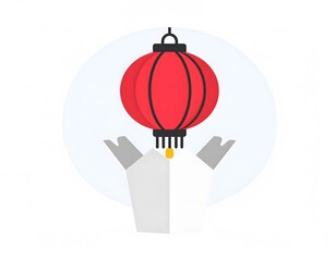 Illustration of two takeout containers with a red Chinese lantern floating above, on a light blue circular background.