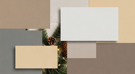 Christmas greeting cards displayed creatively on a colorful background. 