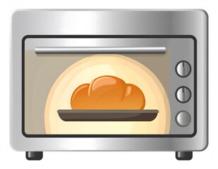 Illustration of a silver toaster oven with a glass door, containing a freshly baked loaf of bread on a tray, glowing with warmth.