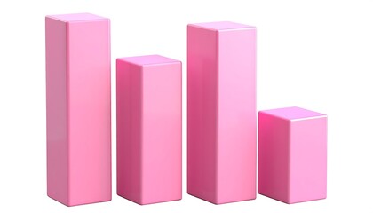 Four glossy pink bar charts, each of a different height, are aligned, conveying varying data, set against a white background