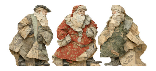 Vintage Santa Claus Characters Cutout Art with Textured Paper Background