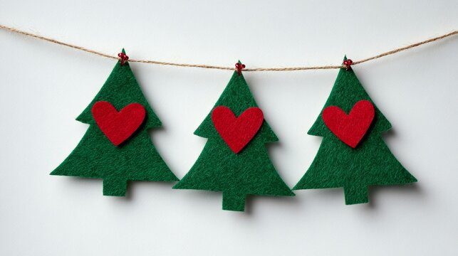 Three green christmas trees decorated with red heart ornaments hanging on a string against a white background, minimalist holiday decoration concept symbolizing love and festive spirit for modern chri