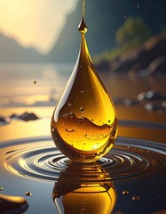 Golden oil droplet poised over rippled surface