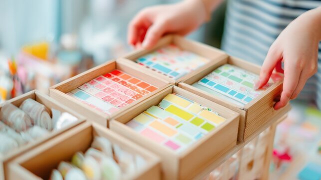 Hands arranging themed stickers and notes into a DIY school kit box sharp focus on the objects contrasted with an outoffocus learning environment.
