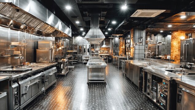 Expansive, commercial kitchen, well-equipped, stainless steel surfaces, ventilation system prominent