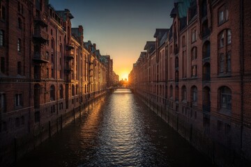 Fototapeta premium Brick buildings line a canal reflecting sunset's glow. The water leads to the horizon