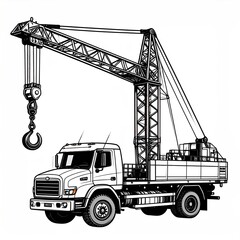 Truck-mounted crane, black and white
