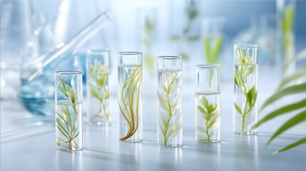 Test tubes with green plants submerged in water. Laboratory setting with a clean, modern design. 