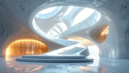 Futuristic, flowing architectural interior with a spiral staircase bathed in warm light from windows, suggesting a modern, high-tech design