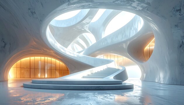 Futuristic, flowing architectural interior with a spiral staircase bathed in warm light from windows, suggesting a modern, high-tech design