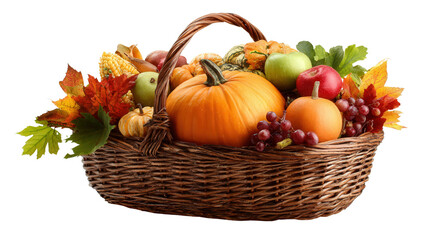 Autumn harvest basket background isolated on a Transparent background, PNG file.