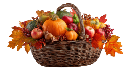 Autumn harvest basket background isolated on a Transparent background, PNG file.