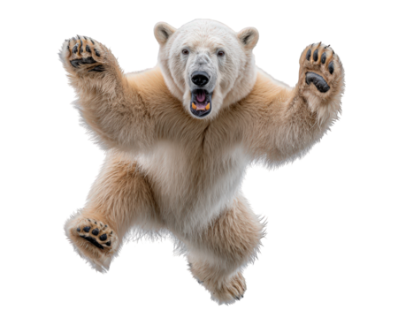 Funny polar bear dancing with happy, goofy expression. Wild aggressive animal standing on hind leg, roaring with mouth open. Isolated on transparent background