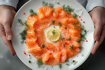 Fresh salmon sashimi with dill, lemon and roe arranged in a circular pattern on white plate