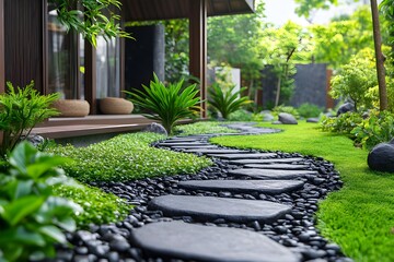 Japanese garden with stone path, green grass and lush plants in peaceful natural setting