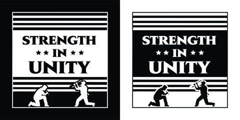 Fototapeta premium Strength in unity graphic with raised fist and stars, alongside silhouetted figures, presented in both black and white versions