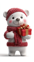 Christmas funny cheerful bear in hat and gift holiday character, 3d illustration, playful pose isolated on white background, space for text