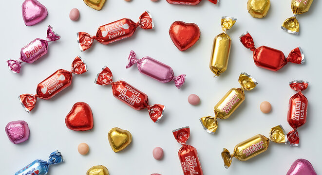 Vibrant individually wrapped chocolates and candies in red, pink, gold, and blue foil, with heart-shaped sweets and pastel bonbons, scattered on white, a festive flat lay for holidays and celebrations - Powered by Adobe