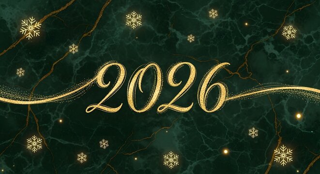 Elegant 2026 New Year design with golden glitter on a rich emerald marble background, perfect for festive greetings and holiday promotions