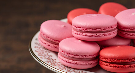 Fototapeta premium Vibrant pink and red French macarons piled high on an elegant white and gold decorative plate, highlighting delicate meringue shells and creamy filling, set against a blurred dark wooden background, p
