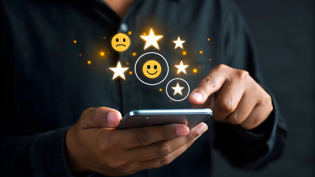 Customer experience concept person using a smartphone to select a happy smiley face icon to indicate a positive review and satisfaction