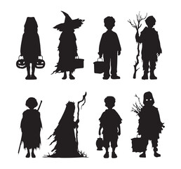 Set of silhouettes of children in Halloween costumes. Vector illustration.