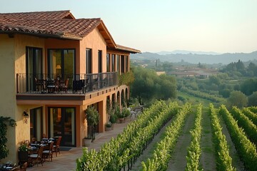 Rustic villa with tiled roof surrounded by vineyards and green hills in soft morning light
