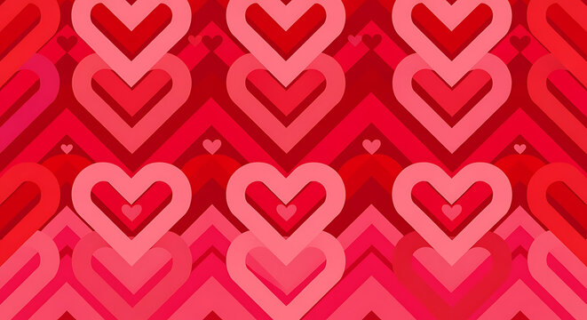 Vibrant red and pink seamless pattern featuring numerous layered hearts and intricate geometric chevron shapes, creating a modern abstract background ideal for Valentine's Day, romantic designs, weddi