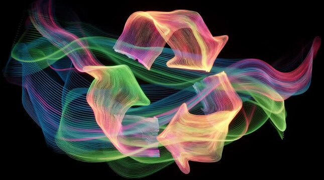 Vibrant abstract illustration of recycling symbol with colorful smoke effect.