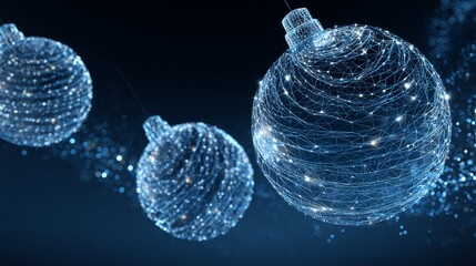 Uturistic wireframe christmas balls in low poly 3d style on blue background featuring glowing lines and digital festive decoration, perfect for modern merry christmas and new year 2026 banner design w