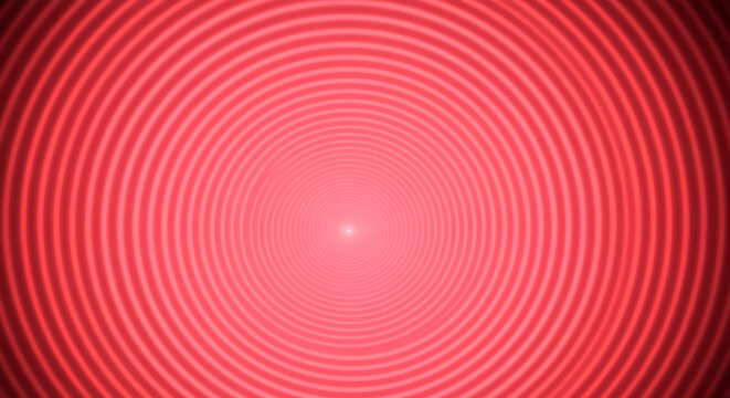 Vibrant red concentric circles radiating outwards from a bright central point, creating an abstract optical illusion background with a modern energy ripple effect and focused radial light pattern for
