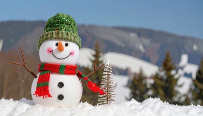 Naklejka premium Snowman wearing a green hat and a red and green scarf