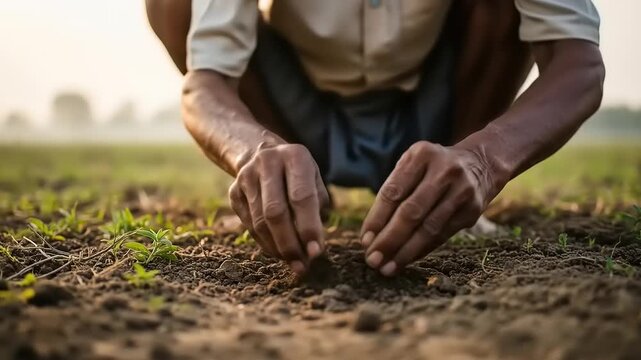 Farmer's Hands Planting Seeds in Soil: Agricultural practices and organic farming concepts